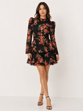 Yumi Kim Petra Dress Morning Glow Black Floral Mock Neck Ruffle Mini Dress L